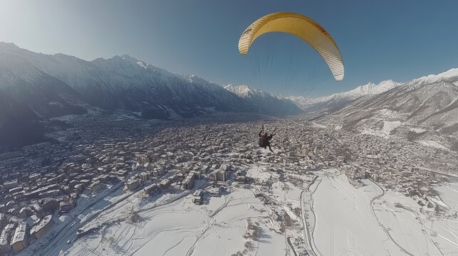 Aerial view of a paraglider soaring above a snowy village surrounded by majestic mountain peaks under a clear blue sky - Powered by Adobe