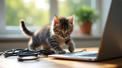 Kitten playing with laptop cables next to a laptop