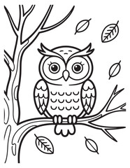 Owl Sitting on Branch with Falling Leaves Coloring Page