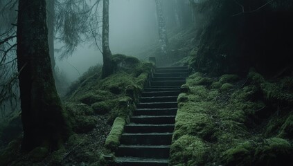 Misty forest stairs leading upward through moss-covered ground