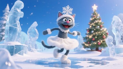 Obraz premium Animated cat in a ballet outfit dancing joyfully in a snowy, festive landscape with ice sculptures and a Christmas tree.