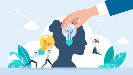Boost productivity, effective method of skills development for entrepreneur. Mental health, stress. People change broken light bulb inside woman head of leader to bright lamp. Vector illustration