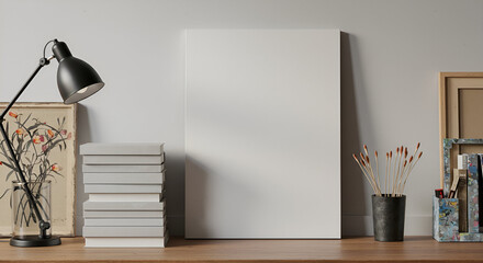 Modern Workspace Mockup with Blank Canvas and Books