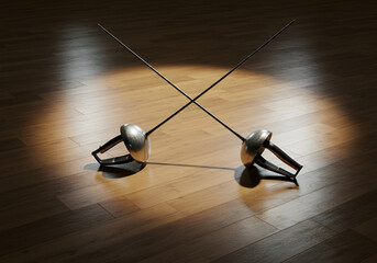 Two Fencing Foil Swords Crossed on Wooden Flooring