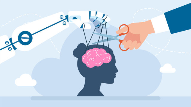 Robot hand manipulating woman brain. Robot puppet master. Dependence on technology. A specialist helps to escape from the influence of AI. Artificial Intelligence controls woman. Vector illustration