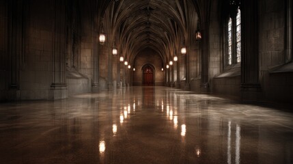 Empty corridor with archways and hanging lights