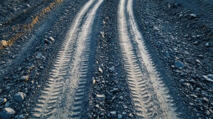 Tire tracks on a dusty, rocky path, illuminated by soft sunlight. Perfect for conveying themes like travel, construction, and industry.