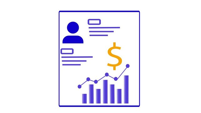 Animated infographic illustrating personal profile and financial data visualized with charts and graphs. Business growth and financial trends illustrated with animated rising and falling chart.