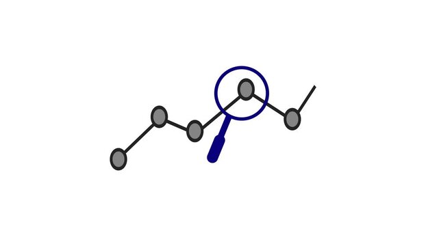 Conceptual animation of magnifying glass analyzing connecting nodes on a white background. Magnifying glass zooming in on connecting nodes illustrating detailed network analysis.