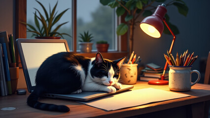 Cozy home office with cat lying on laptop and coffee cup nearby