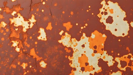 Close-up of a rusted metal surface with cracked paint and peeling orange and white spots
