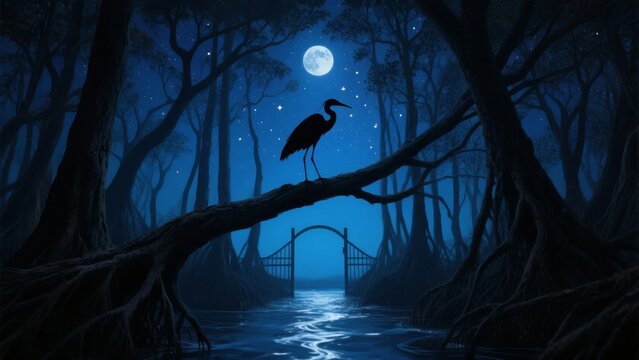 A heron perches on a branch over a serene river under a starlit night sky in a mystical forest.