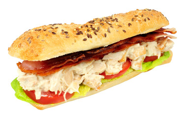 Chicken mayonnaise and bacon sandwich with fresh salad in a crusty multi seed topped baguette bread roll isolated on a white background