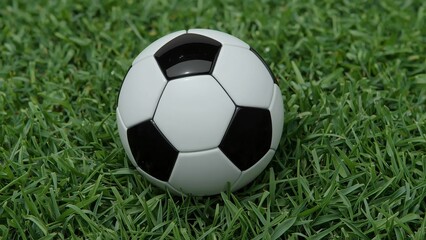 Fototapeta premium A classic black and white soccer ball resting on vibrant green grass, representing the spirit of outdoor sports.