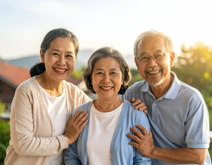 A heartwarming portrait of three smiling Asian elders, capturing their joy and enduring connection