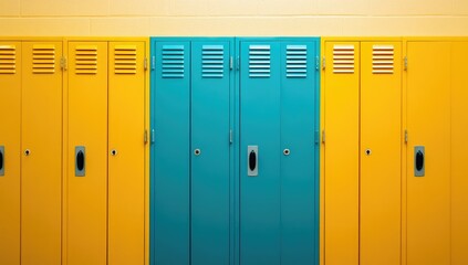 Row of brightly colored lockers in a school hallway