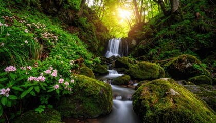 Lush Green Forest Waterfall Flowing Through Moss Covered Rocks With Soft Sunlight Illuminating The Scene