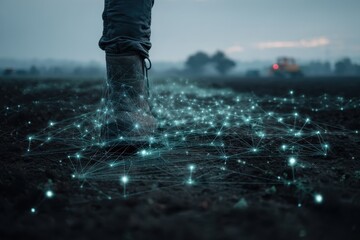 A lone boot steps on a dirt path, illuminated by a glowing network of connections extending across a misty field, with distant farm machinery blurred in the background