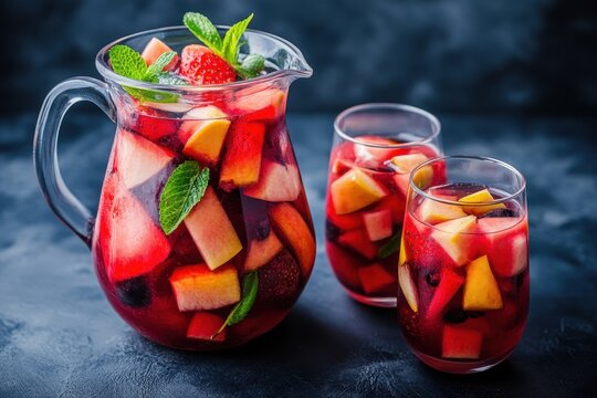 Sangria in a glass pitcher with mint and cut fruits, two glasses aside. Use this shot for your food blog or summer drink recipe illustrations.
