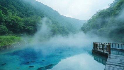 Misty mountain lake with wooden walkway
