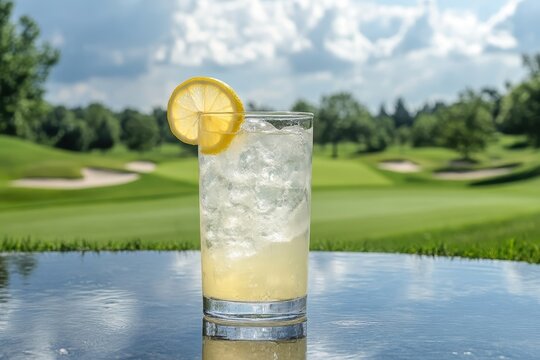 Lemonade in glass with ice, golf course background, sunny day. Perfect for summer ads, relax, refreshment, or vacation themes.