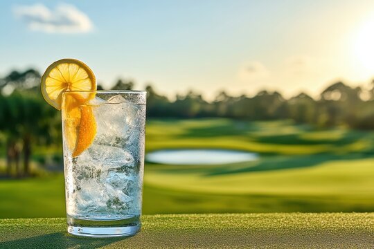 Iced drink with lemon slice on golf course, sunny. Perfect image for healthy lifestyle or summer concepts.
