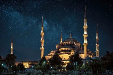 Fototapeta premium Sultan Ahmed Mosque, Turkey, Dome And Minarets Illuminated Under Starry Night Sky