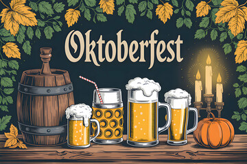 Celebrating Oktoberfest with festive drinks and autumn charm amid candlelight and harvest decorations Generative AI
