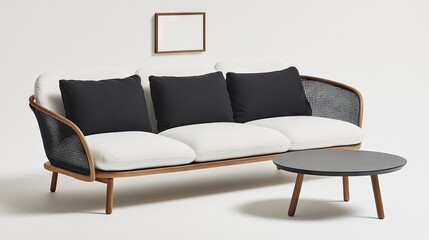 Fototapeta premium A contemporary sectional sofa and round coffee table set.