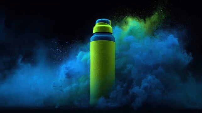 Dynamic sports bottle with a colorful powder explosion on a dark background