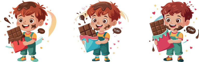 Cute Boy Holding Giant Chocolate Bar Cartoon Illustration in Three Variations