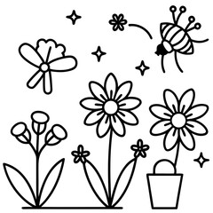 A bright garden full of blooming flowers, a watering can, bees, and butterflies. Light, cheerful, and seasonal.