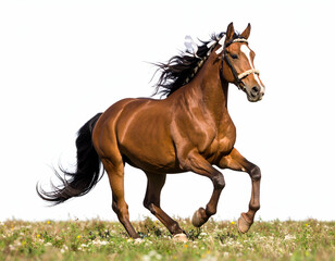 Obraz premium Majestic Chestnut Horse Galloping Braided Mane, Bows, and Freedom