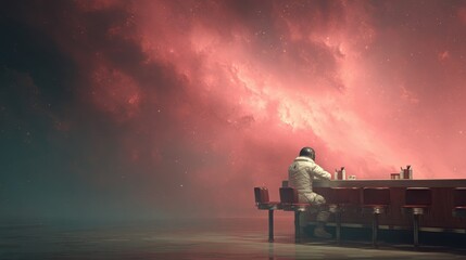 Man sitting alone at bar under stormy clouds