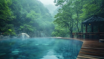 Misty mountain hot spring. Lush, green valley surrounds a serene, turquoise pool, edged by a wooden deck.  A small, traditional-style gazebo sits on the deck overlooking the scene