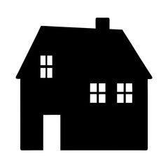 Black Silhouette of House Icon, A black silhouette of a house with a roof, windows, and door, representing home, shelter, and residential buildings.
