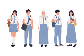 Obraz premium Flat Vector Illustration of Indonesian Senior High School Students Standing in Uniform. Illustrations for websites, landing pages, mobile apps, posters and banners