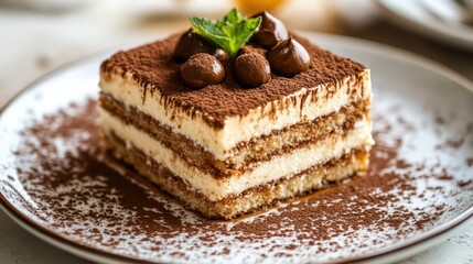 Elegant Tiramisu Square with Chocolate Pearls and Mint Garnish on Decorative Plate