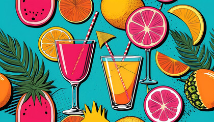 Vibrant Tropical Fruit Cocktail Drinks Seamless Pattern
