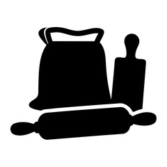 Black and white illustration of baking ingredients, including flour and rolling pins