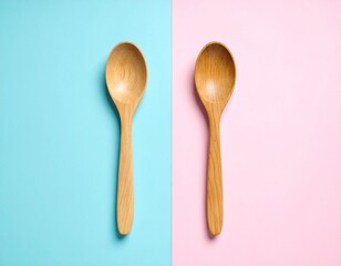 Two Wooden Spoons on Pastel Blue and Pink Background