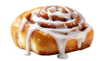 Delicious cinnamon roll with drizzling icing white background