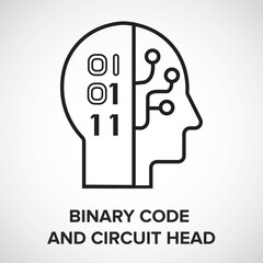 Binary Code and Circuit Head Icon outline with white background  – AI Data Processing Intelligence, Vector Illustration