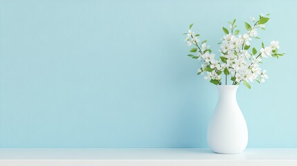 White flowers in a vase against a light blue background.