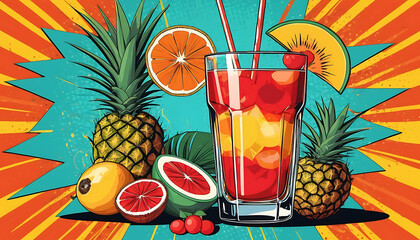 Tropical Cocktail Burst: Vibrant Fruit, Retro Sunbeam Backdrop.
