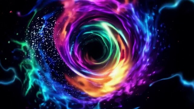 Colorful black hole with swirling rainbow nebula in deep space. Abstract galaxy vortex for cosmos background video.