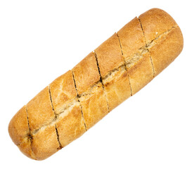 Crispy baked garlic breadstick loaf with herbs sliced to reveal soft interior on dark background
