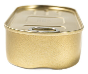 Shiny golden oval tin can with pull tab sealed food packaging on transparent background