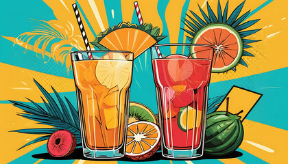 Tropical Drinks: Refreshing Beverages with Citrus Fruits and Palm Leaf Accents, Pop Art Style.