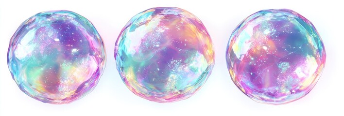 Three iridescent spheres, pastel purple, pink, and blue hues, resemble soap bubbles with an inner galaxy-like effect against a white background